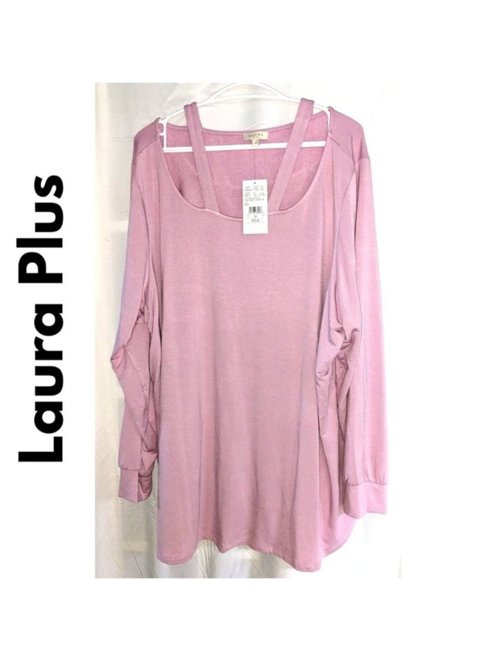 Plus Sz 3X Pink Sweater Sweatshirt Cut Out at Neckline Rounded Hem